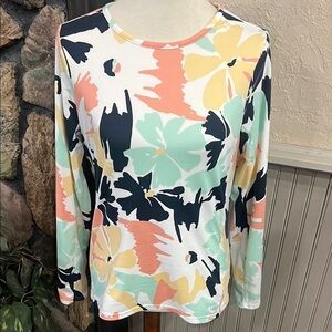 Hang Ten Graphic Green and Pink Long Sleeve Blouse